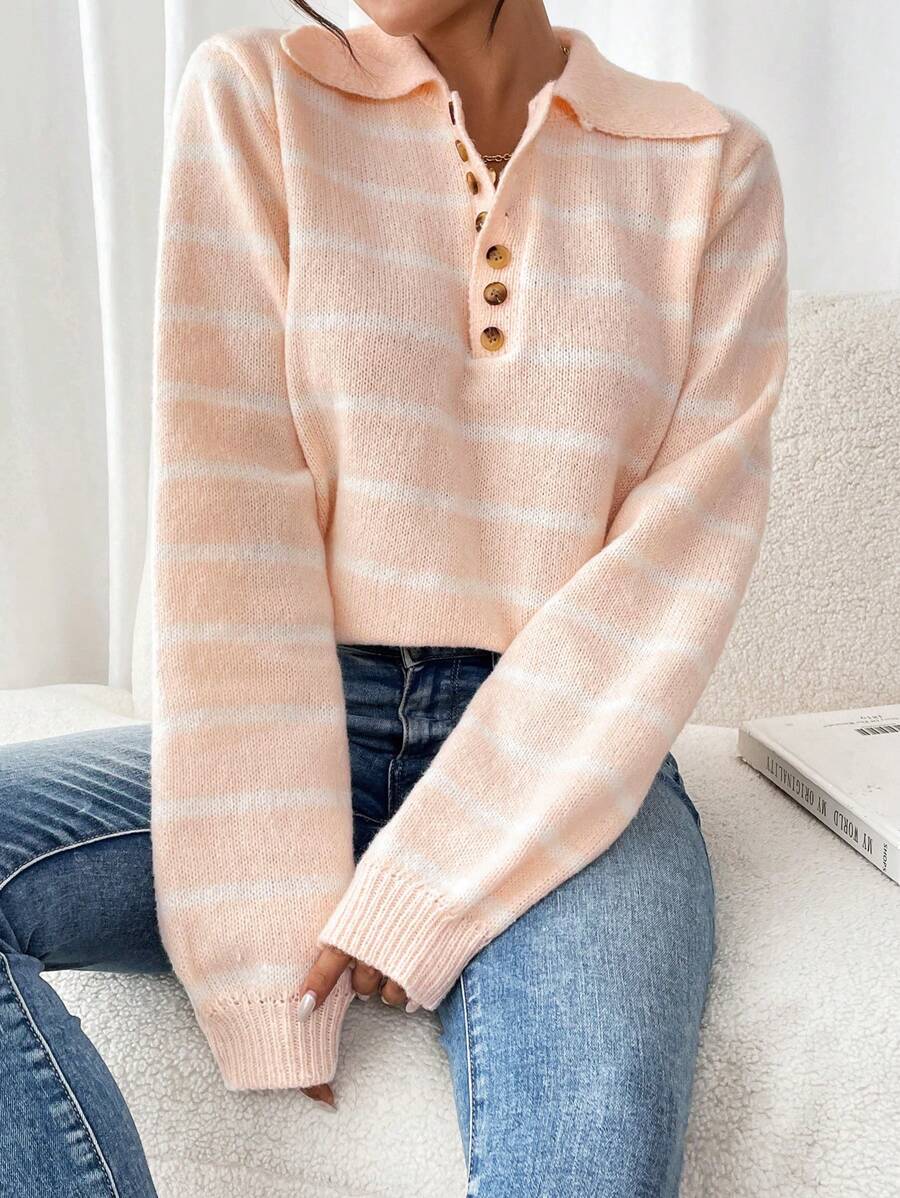 SHEIN LUNE 女士撞色条纹宽松套头针织毛衣，秋冬季 - 杏色 - 查看 1