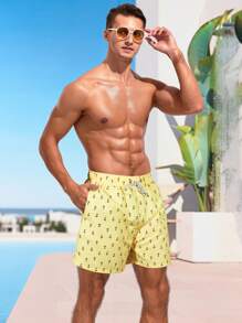 Surfspeed 男士船锚印花抽绳腰部宽松沙滩短裤，夏威夷风 - 黃色 - 查看 6