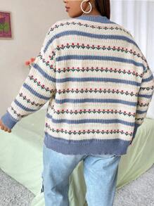 Flirla 大码时尚拼色提花针织开衫，适合冬季 - 霧霾藍 - 查看 2