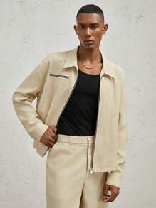 AKNOTIC Business Casual Men Loose Fit Long Sleeve Zip-Up Color Block Deconstructed Short Jacket, For Fall Winter - Apricot - View 3