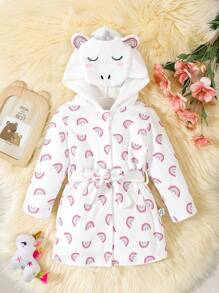 Pijama de bata larga con estampado de arcoíris simple blanco de manga larga y lazo frontal para niñas pequeñas