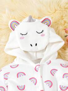 Pijama de bata larga con estampado de arcoíris simple blanco de manga larga y lazo frontal para niñas pequeñas
