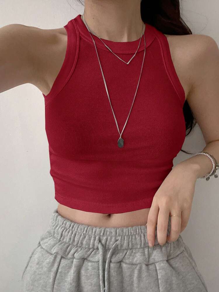 Women's Solid Color Crew Neck Ribbed Short Cami Tank Tops Crop Women Tops