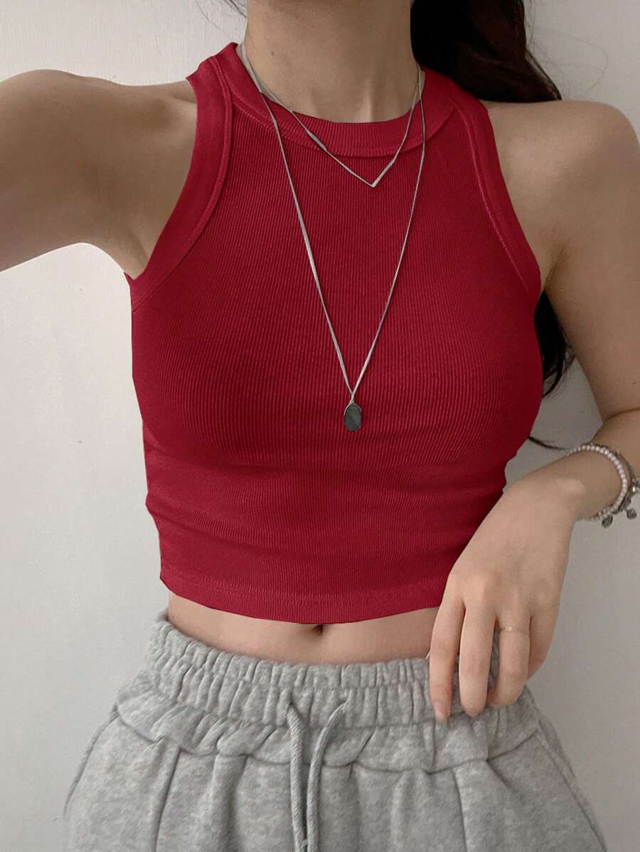 DAZY Áo ba lỗ ngắn cổ tròn có gân màu trơn dành cho nữ - Màu Đỏ Sâu - Xem 1