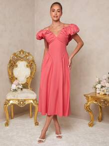 SHEIN Unity Charming Coral Pink Off-Shoulder Midi Dress With Puff Sleeves - Red - View 3