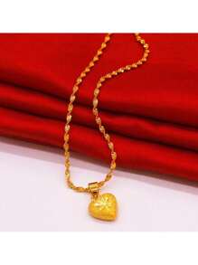 1pc Vietnam 24K Gold Filled Solid Heart-Shaped Pendant, Chain Necklace Jewelry For Women Valentines