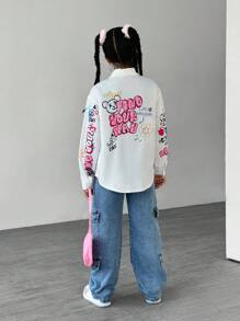 Tween Girl Oversized White Shirt With Graffiti And Bear Pattern - White - View 2