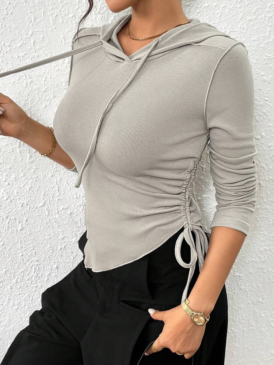 SHEIN LUNE Gray Drawstring Hooded Casual Sweatshirt - Grey - View 1