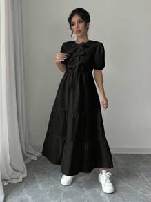 Calvaya Short Sleeve Ruffled Hem Puff Sleeve Solid Color Summer Dress Maxi Women Outfit