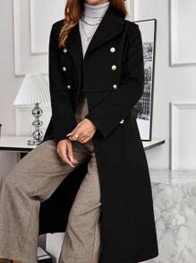 EMERY ROSE Women's Woolen Long Sleeve Shirt With Button Decoration, Solid Minimalist Style - Black - View 1