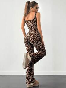 SHEIN EZwear Women's Summer Fashion Leopard Print Sleeveless Jumpsuit - Brown - View 2