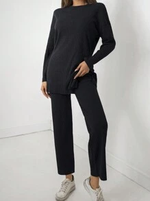 Drop Shoulder Split Hem Tee & Pants - Navy Blue - View 4