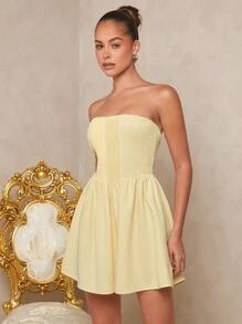 SHEIN Unity Stylish Strapless Romper With Pleated Bodice And Flared Dress