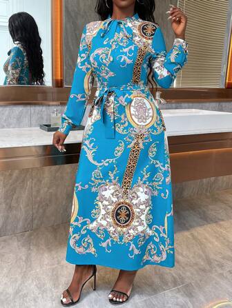 Zolique Women's Crew Neck Long Sleeve Pleated Waist Tie All-Over Print Casual Dress