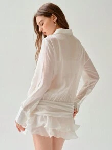Enchnt Robe longue à manches longues avec boutons devant, application florale et volants, couleur unie pour femme