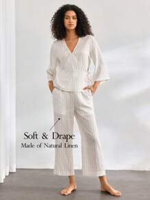 Ocili Leisure Comfortable Linen Side-Tie 7/10 Sleeve Striped 2pcs Homewear Set