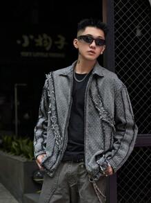 Manfinity Roghcode Men's Frayed Edge Zip-Up Long Sleeve Denim Shirt - Dark Grey - View 5