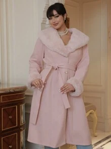 Celure 大码女式纯色简约休闲纽扣毛绒系带大衣，适合冬季 - 粉色 - 查看 4