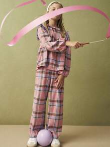 SHEIN Tween Girls Cute Plaid Woven Flare Hem Straight Leg Casual Palazzo Pants, Back To School Festive Delight - Multicolor - View 6