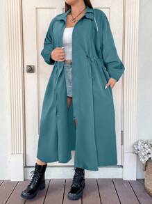 Flirla Plus Size Nữ Màu Trơn Raglan Tay Dài Tay Dây Rút Eo Dáng Rộng Áo Khoác Dài, Mùa Xuân & Mùa Thu - Màu xanh bụi bặm - Xem 4