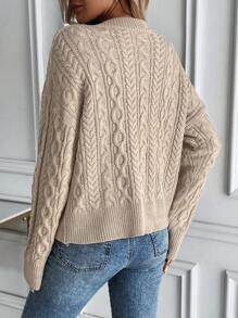 SHEIN LUNE Women's Casual Cable Single-Breasted Cardigan - Khaki - View 2