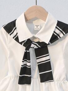 SHEIN 1pc Girl's Casual Lulu Style White Shirt Dress With Black & White Striped Cape,Sweet Back-To-School Family Matching Sets For Autumn,Sunny Dress - White - View 5