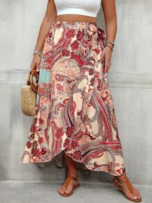 SHEIN LUNE Plus Size Asymmetrical Hem All-Over Print Fashionable Soft & Elegant A-Line Skirt - Apricot - View 3