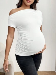 SHEIN 孕妇不对称领口褶皱短袖T恤