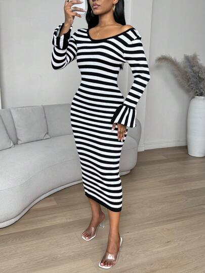 Zolique Nuevo vestido casual de manga acampanada de cuello en V de ajuste elegante a rayas blanco y negro de manga larga