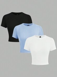 SHEIN EZwear Bộ 3 món: Áo thun bó cổ tròn tay ngắn in hình bướm, hoa, mặt cười đơn giản, thường ngày dành cho nữ "Enjoy The Little Things", thích hợp cho mùa hè, áo phông họa tiết - Nhiều màu - Xem 2