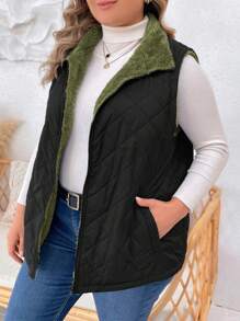 SHEIN LUNE Plus Size Women's Solid Color Zipper Front Pockets Casual Loose Padded Vest, Winter - Army Green - View 1