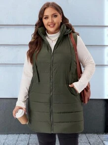 EMERY ROSE Plus Size Women Plain Hooded Padded Vest Jacket With Pockets,Fall/Winter,Winter Women Coat Autumn - Army Green - View 7