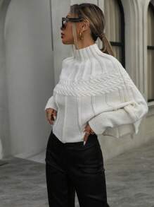 Aveloria Stylish High Collar Textured Batwing Sleeve Cropped Sweater Knit Pullover Fall Winter Outfit - Beige - View 4