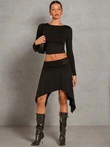 SHEIN BAE Falda casual de unicolor con dobladillo asimétrico para mujer - Negro - Ver 2