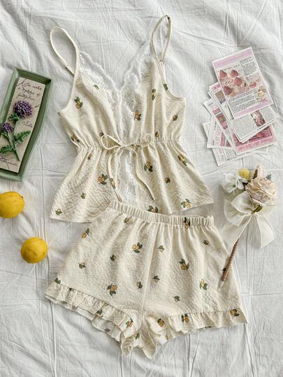 CottageSlumber 女士蕾丝拼布花卉图案吊带背心和短裤睡衣套装，夏季假日季节