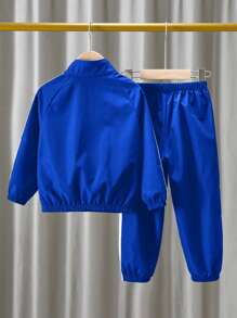 SHEIN 2pcs Young Boys Casual Set - Long Sleeve Stand Collar Jacket With Decorative Tapes, And Elastic Waist Pants, Thermal Lined , Thickened - Blue - View 2