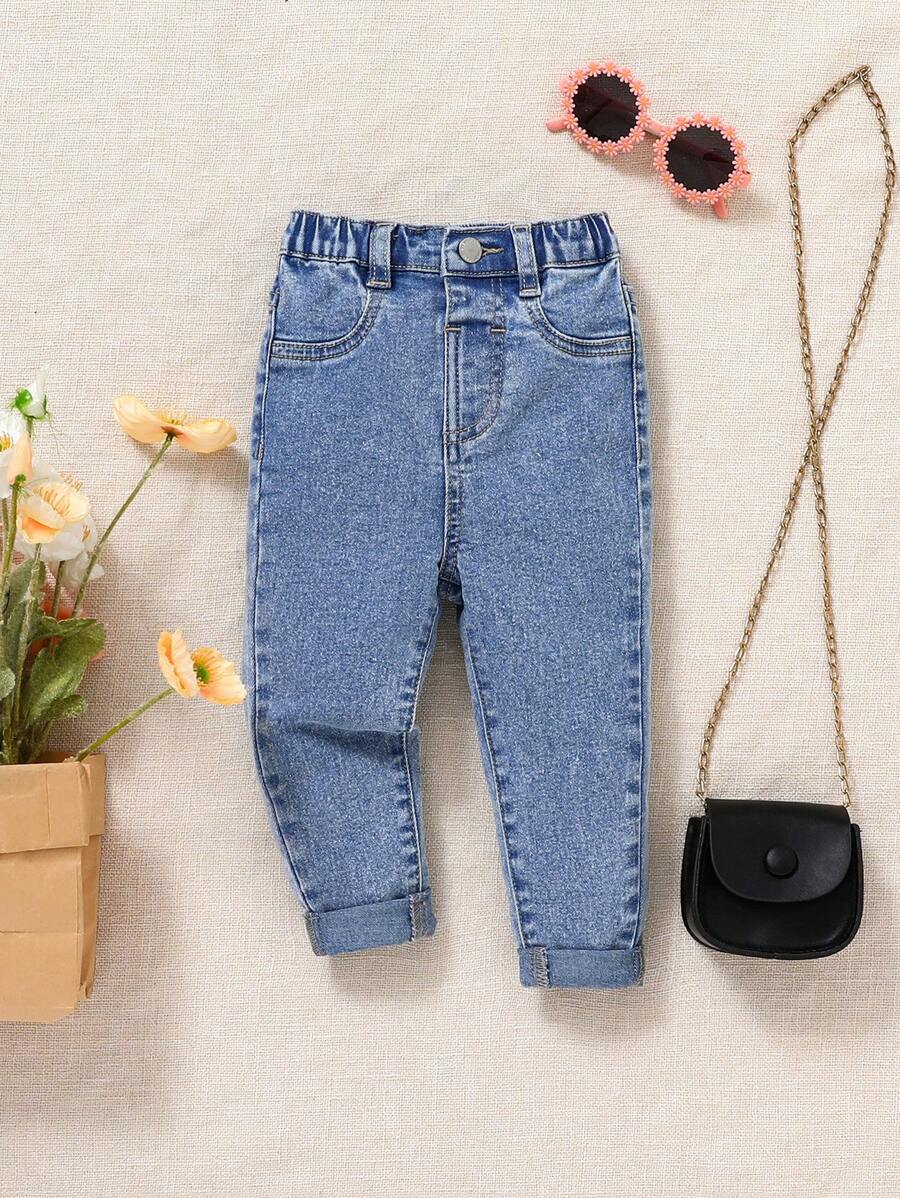 SHEIN 女婴纽扣腰带直腿时尚休闲蓝色牛仔裤，秋季返校可爱牛仔裤套装，女婴秋装 - 淺色水洗藍 - 查看 1