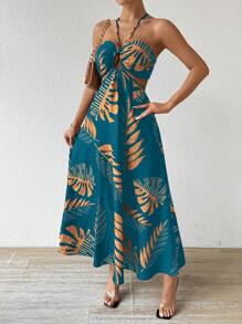 Breezaya Tropical Leaf Print Vacation Beach Dress