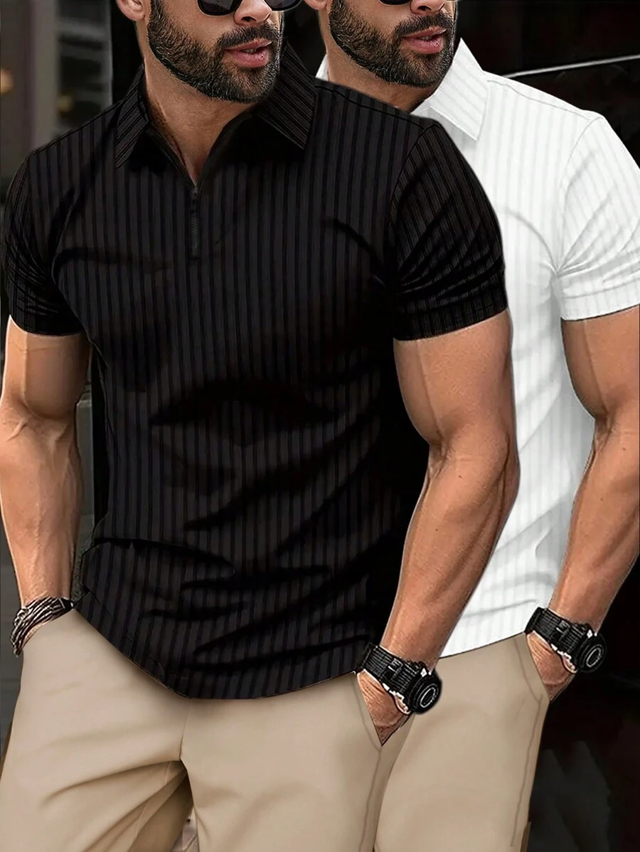 Calvornis Plus Size Men's Fashion Striped Zipper Polo Shirt, Simple Design - Multicolor - View 1