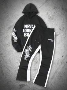 Manfinity Roghcode Conjunto de sudadera con capucha y pantalón de chándal para hombres de talla grande, con logo y estampado de estrella, con acentos a rayas - Negro - Ver 3
