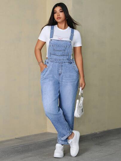 SHEIN ICON Plus Size Women's Summer Pocket Casual Versatile Denim Bib Overalls
