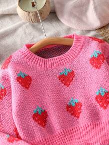SHEIN Young Girl's Round Neck Strawberry Print Long Sleeve Casual Loose Comfortable Sweater - Watermelon Pink - View 4