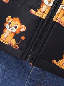 SHEIN Young Boy Mid-Length Warm Thickened Anti-Cold Fashionable Lion Print Padded Coat, Suitable For Autumn And Winter - Black - View 3