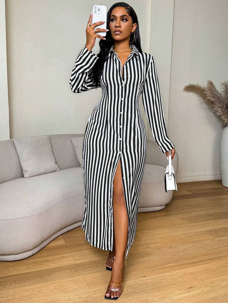 Zolique Vestido camisero de manga larga con botones en negro y blanco a rayas, para otoño, para maestras, de vuelta al trabajo, elegante vestido largo para mujer - Blanco y Negro - Ver 1