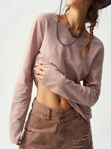 Bohemela Effen kleur ronde hals lange mouw maxi T-shirt voor dames