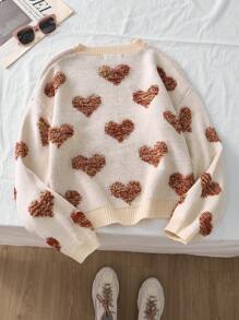 SHEIN Qutie 女士宽松圆领爱心图案长袖休闲毛衣，秋冬季针织套头衫 - 彩色 - 查看 2