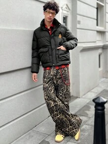 Manfinity RebelGame 男士梭织时尚休闲花卉印花修身长袖夹棉大衣，适合秋冬 - 黑色 - 查看 5