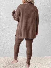 SHEIN LUNE Plus Size Xuân Thu Thường Ngày Dệt Kim Có Gân Áo Dài Tay Và Quần Bộ 2 Chiếc - Màu Khaki - Xem 2
