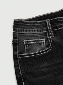 ROMWE Grunge Punk 大码女式印花简约日常牛仔裤，学校风 - 黑色 - 查看 3