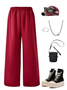 SHEIN 青少年男孩字母图案针织休闲宽松运动裤，休闲款，适合万圣节派对 - 紅色 - 查看 9